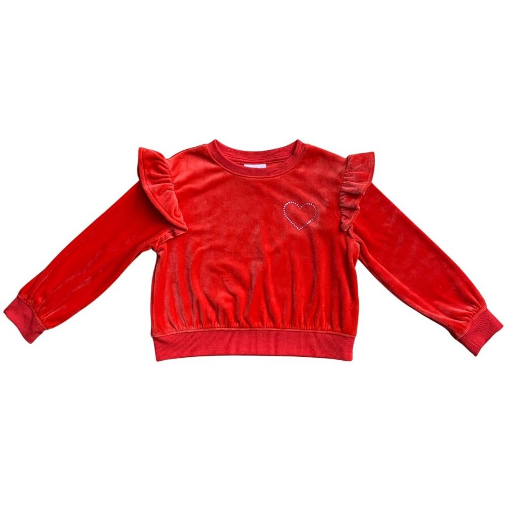 Cat & Jack Girls Red Velour Ruffle Long Sleeve Embellished Heart Design Size XS